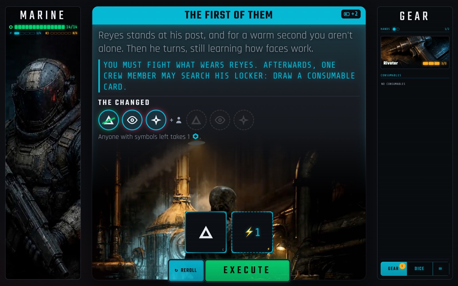 A SHIPLESS combat — the cards and dice that come in the box